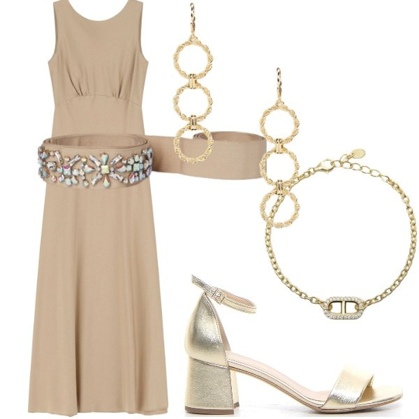 Outfit donna - Cerimonia tra intimi. Stile Glamour per Serata fuori. Abbinamento con braccialetti, vestiti lunghi, orecchini, cinture, sandali col tacco.