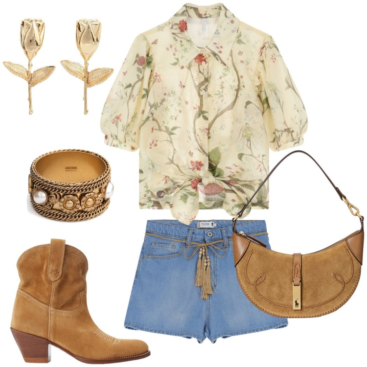 Outfit donna - Raffinato outfit boho. Stile Boho per Serata fuori. Abbinamento con shorts, camicie a manica corta, stivaletti, borse a spalla, braccialetti, orecchini.