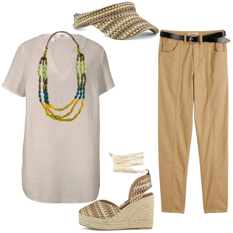 Outfit donna - Total look #2202557. Stile Casual per Tutti i giorni. Abbinamento con tuniche, pantaloni, zeppe, collane, cappelli con visiera.