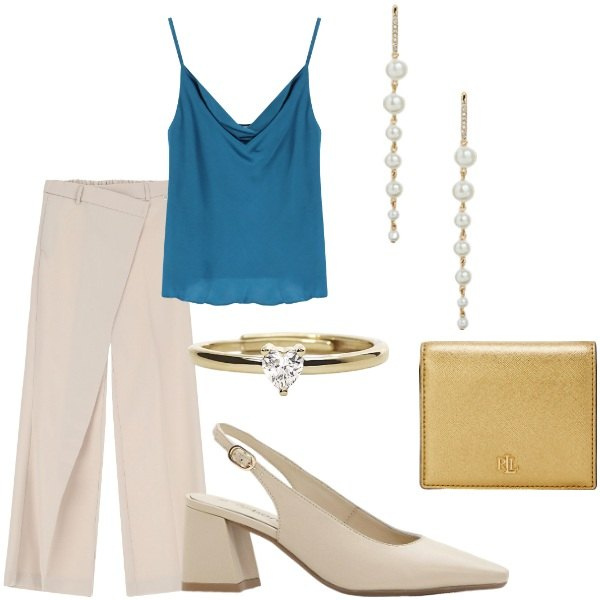 Outfit donna - A cena fuori. Stile Casual chic per Serata fuori. Abbinamento con décolleté, anelli, pantaloni, top, orecchini, portafogli.