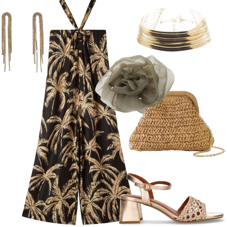 Outfit donna - Jumpsuit etnica per il party. Stile Etnico per Serata fuori. Abbinamento con borse a tracolla, tute, orecchini, foulard, braccialetti, sandali col tacco.