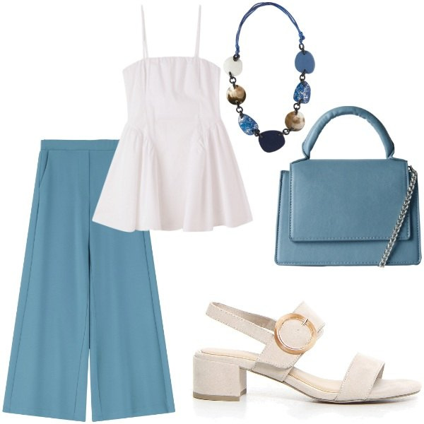 Outfit donna - A cena fuori. Stile Casual chic per Serata fuori. Abbinamento con vestiti corti, borse a tracolla, pantaloni, sandali col tacco, collane.