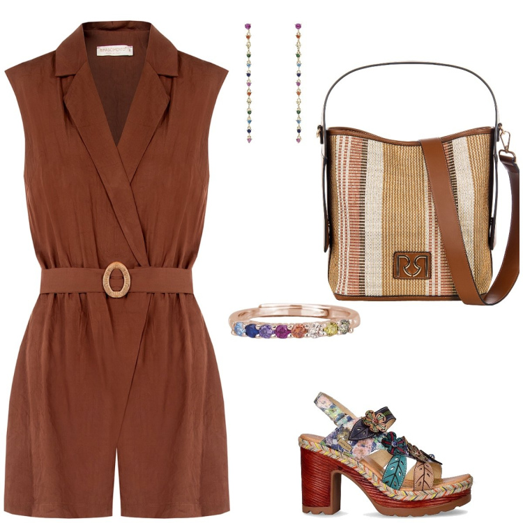 Outfit donna - Curvy is beatiful. Stile Casual chic per Tutti i giorni. Abbinamento con borse a secchiello, tuta corta, anelli, orecchini, sandali col tacco.