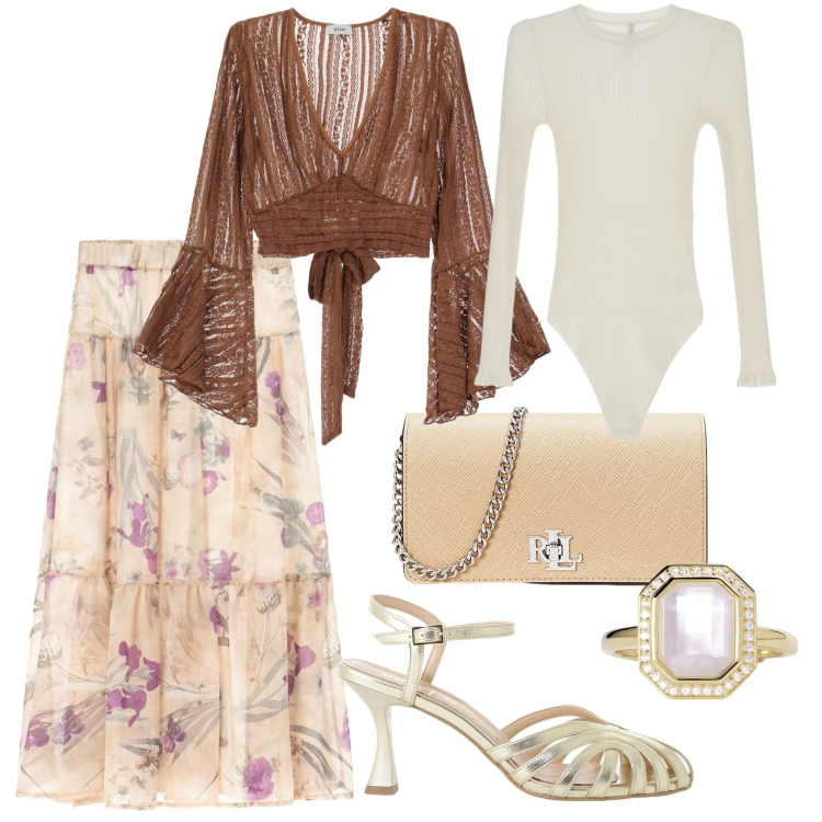Outfit donna - Dixie Summer 2. Stile Glamour per Serata fuori. Abbinamento con anelli, body, top, sandali col tacco, gonne lunghe, borse a tracolla.