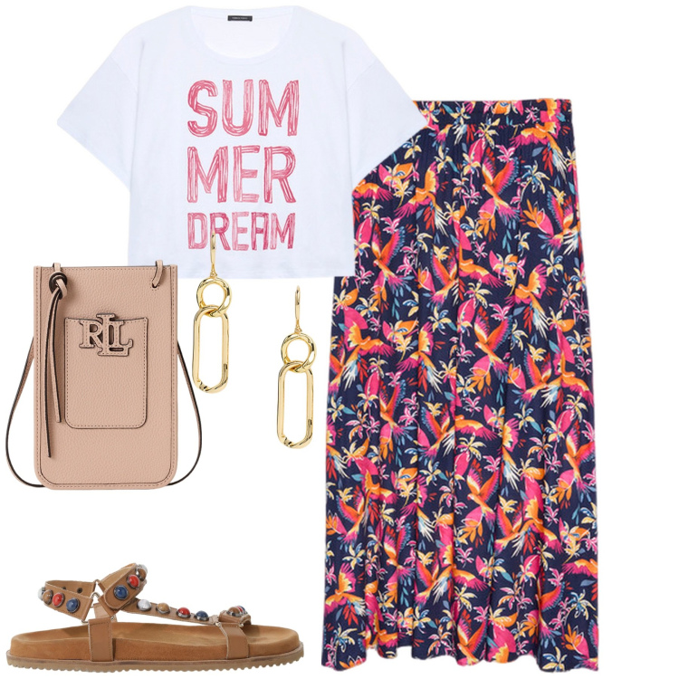 Outfit donna - Summertime. Stile Casual chic per Tutti i giorni. Abbinamento con sandali, orecchini, borse a tracolla, gonne lunghe, t-shirt.