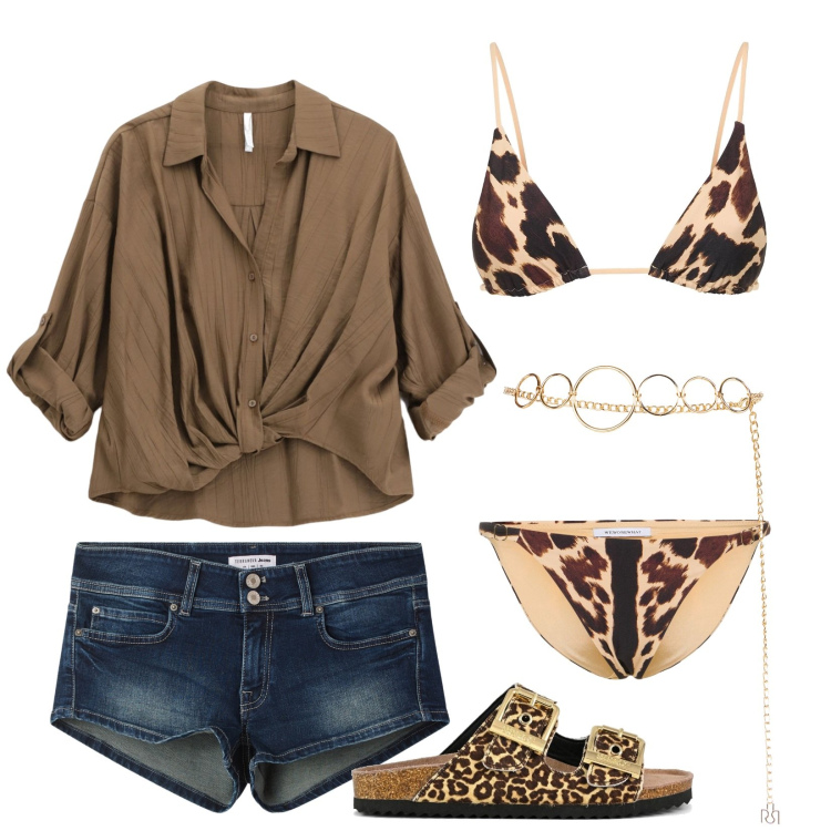 Outfit donna - Accessori con personalità. Stile Sexy per Mare. Abbinamento con shorts, cinture, camicie, sandali in pelle, bikini, bikini.