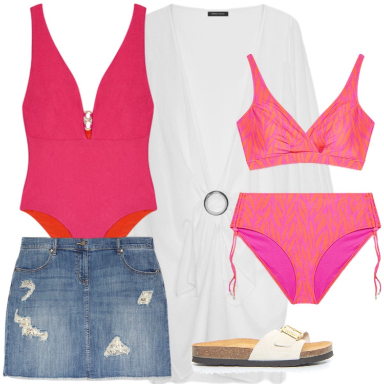 Outfit donna - Intero o bikini. Stile Casual per Mare. Abbinamento con bikini, costumi interi, vestiti da spiaggia, minigonne, ciabatte.
