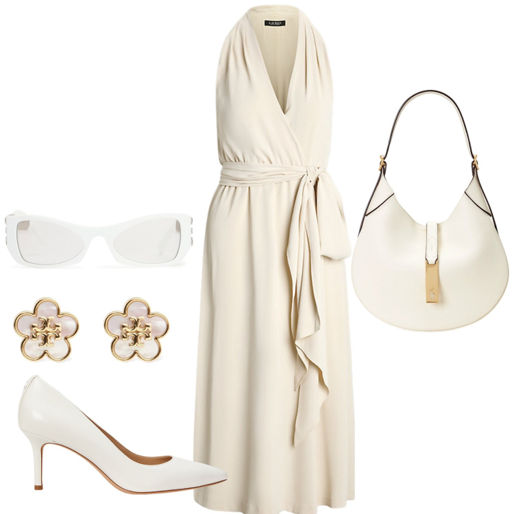 Outfit donna - Total white. Stile Bon Ton per Serata fuori. Abbinamento con vestiti senza maniche, borse a spalla, décolleté, orecchini, occhiali da sole.