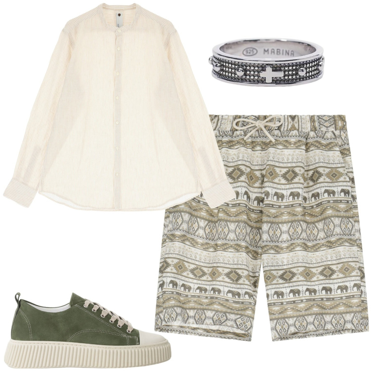 Outfit uomo - Luglio. Stile Urban per Tutti i giorni. Abbinamento con anelli, sneakers, camicie, bermuda.