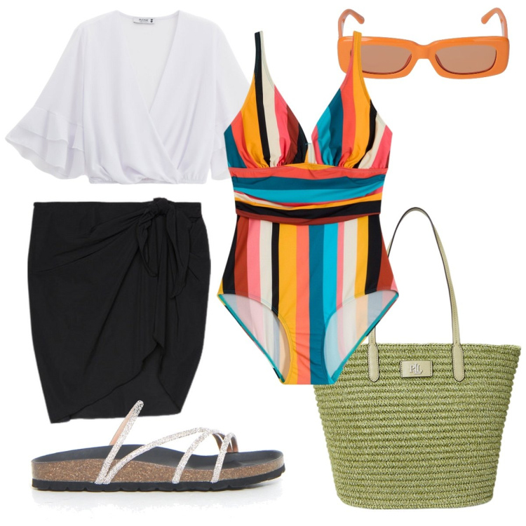 Outfit donna - Total look #2202593. Stile Casual chic per Mare. Abbinamento con costumi interi, top, borse tote, vestiti da spiaggia, ciabatte, occhiali da sole.