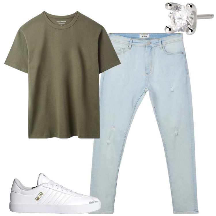 Outfit uomo - Luglio. Stile Casual per Tutti i giorni. Abbinamento con t-shirt, jeans strappati, orecchini, sneakers.
