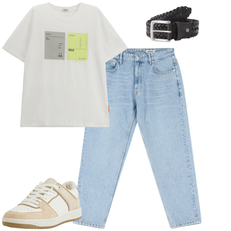 Outfit uomo - Summer. Stile Casual per Tutti i giorni. Abbinamento con sneakers, jeans, cinture, t-shirt.