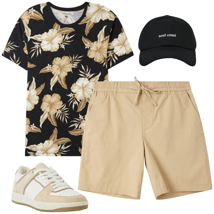 Outfit uomo - Summertime. Stile Casual per Tutti i giorni. Abbinamento con pantaloni corti, t-shirt, sneakers, cappelli con visiera.