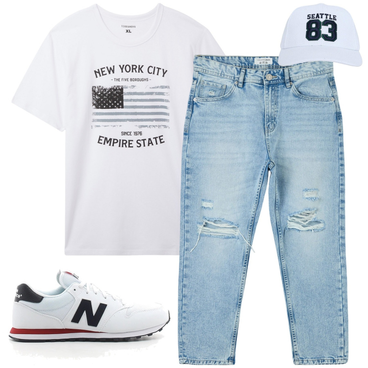 Outfit uomo - City. Stile Casual per Tutti i giorni. Abbinamento con t-shirt, jeans strappati, cappelli, sneakers.