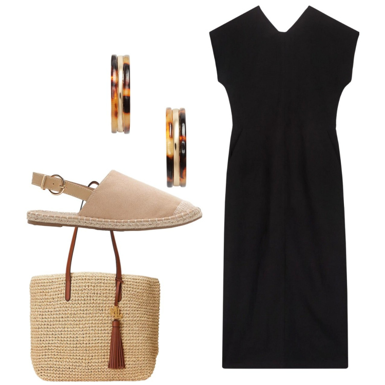 Outfit donna - Minimal chic. Stile Minimal per Tutti i giorni. Abbinamento con espadrillas, orecchini, borse tote, vestiti lunghi.