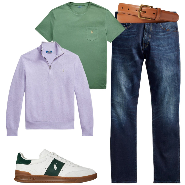 Outfit uomo - Ralph Lauren. Stile Urban per Tutti i giorni. Abbinamento con sneakers, jeans, cinture, maglieria, t-shirt.