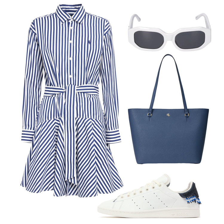 Outfit donna - Marine city time. Stile Trendy per Tutti i giorni. Abbinamento con borse tote, vestiti, occhiali da sole, sneakers.