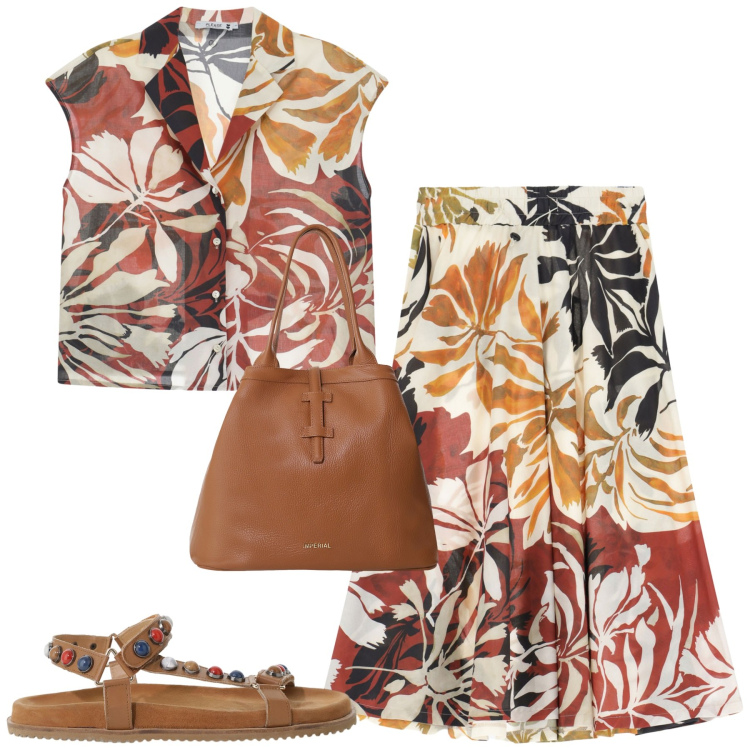 Outfit donna - Total look #2202615. Stile Urban per Tutti i giorni. Abbinamento con camicie, gonne longuette, borse tote, sandali.