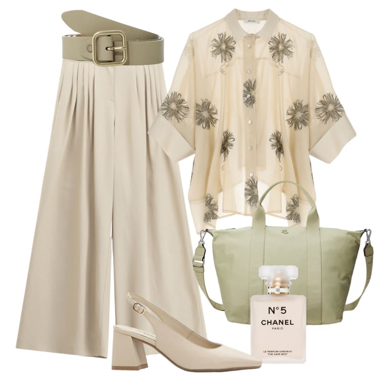 Outfit donna - Elegante salvia & beige chiaro. Stile Glamour per Ufficio. Abbinamento con décolleté, profumi, pantaloni a palazzo, camicie, cinture, borse tote.