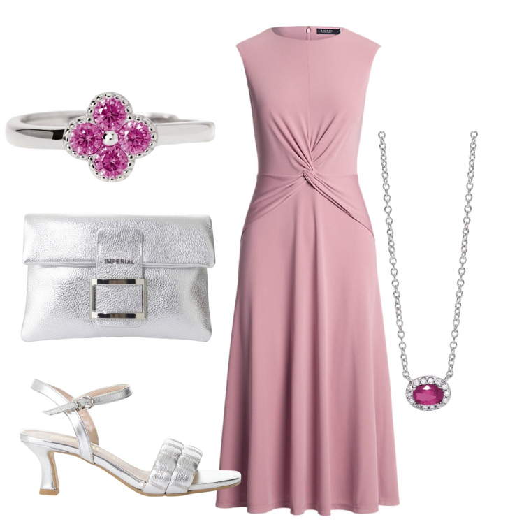 Outfit donna - Matrimonio di un\'amica. Stile Romantica per Cerimonia. Abbinamento con collane, anelli, sandali col tacco, pochette, vestiti.