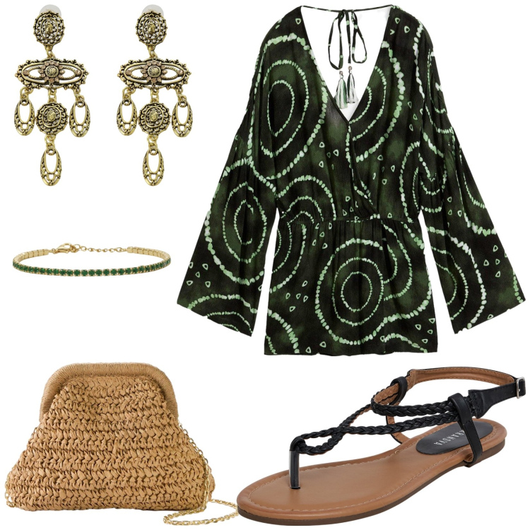 Outfit donna - Total look #2202620. Stile Etnico per Serata fuori. Abbinamento con tuta corta, borse a tracolla, ciabatte, braccialetti, orecchini.