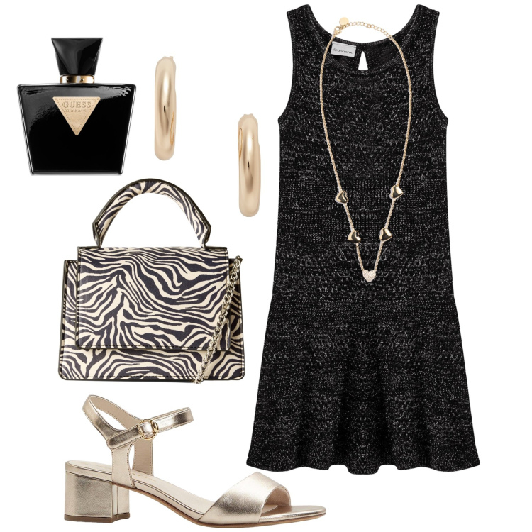 Outfit donna - Effetto uncinetto lurex a cena. Stile Chic per Serata fuori. Abbinamento con vestiti, sandali col tacco, profumi, borse a tracolla, collane, orecchini.