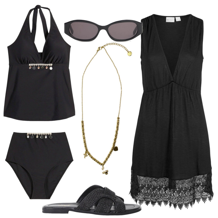 Outfit donna - Tocchi etnici. Stile Etnico per Mare. Abbinamento con vestiti da spiaggia, costumi interi, ciondoli, sandali, occhiali da sole.