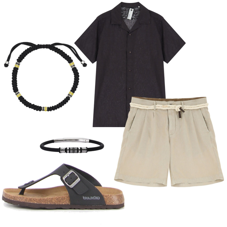 Outfit uomo - Beach ti bar. Stile Casual per Mare. Abbinamento con braccialetti, braccialetti, camicie a manica corta, bermuda, sandali.