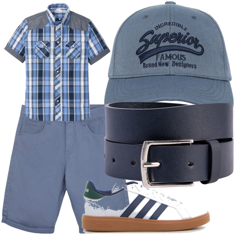 Outfit uomo - Tutti i giorni. Stile Casual per Tutti i giorni. Abbinamento con cinture, cappelli con visiera, bermuda, camicie a manica corta, sneakers.