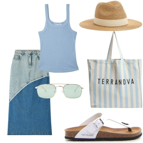 Outfit donna - Outifit di luglio. Stile Casual per Tutti i giorni. Abbinamento con gonne lunghe, cappelli, borse tote, canottiere, occhiali da sole, infradito.