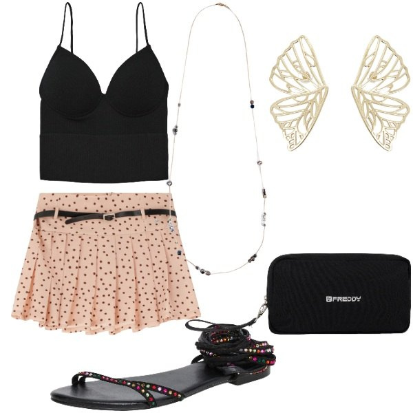 Outfit donna - Serata tra amici. Stile Casual per Serata fuori. Abbinamento con sandali alla schiava, top, minigonne, orecchini, valigie, collane.
