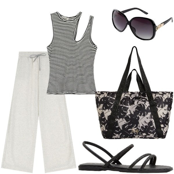 Outfit donna - Outifit di luglio. Stile Casual per Tutti i giorni. Abbinamento con occhiali da sole, sandali, shopping bag, top, pantaloni a palazzo.