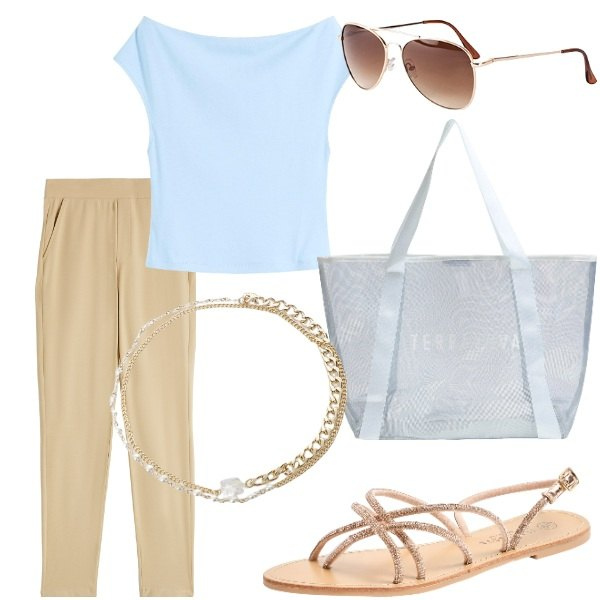 Outfit donna - Outifit di luglio. Stile Casual per Tutti i giorni. Abbinamento con maglieria, occhiali da sole, sandali, shopping bag, pantaloni, braccialetti.