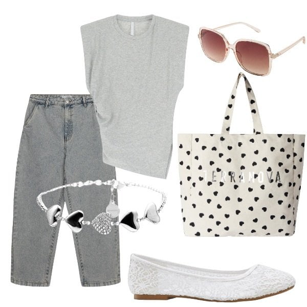 Outfit donna - Outifit di luglio. Stile Casual per Tutti i giorni. Abbinamento con ballerine, occhiali da sole, jeans, borse tote, top, braccialetti.