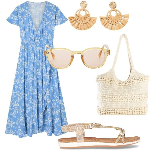 Outfit donna - Outifit di luglio. Stile Casual per Tutti i giorni. Abbinamento con orecchini, shopping bag, vestiti lunghi, occhiali da sole, sandali in pelle.