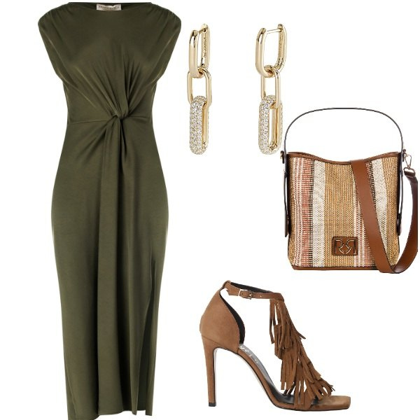 Outfit donna - A cena fuori. Stile Casual chic per Serata fuori. Abbinamento con décolleté, orecchini, vestiti midi/longuette, borse a secchiello.