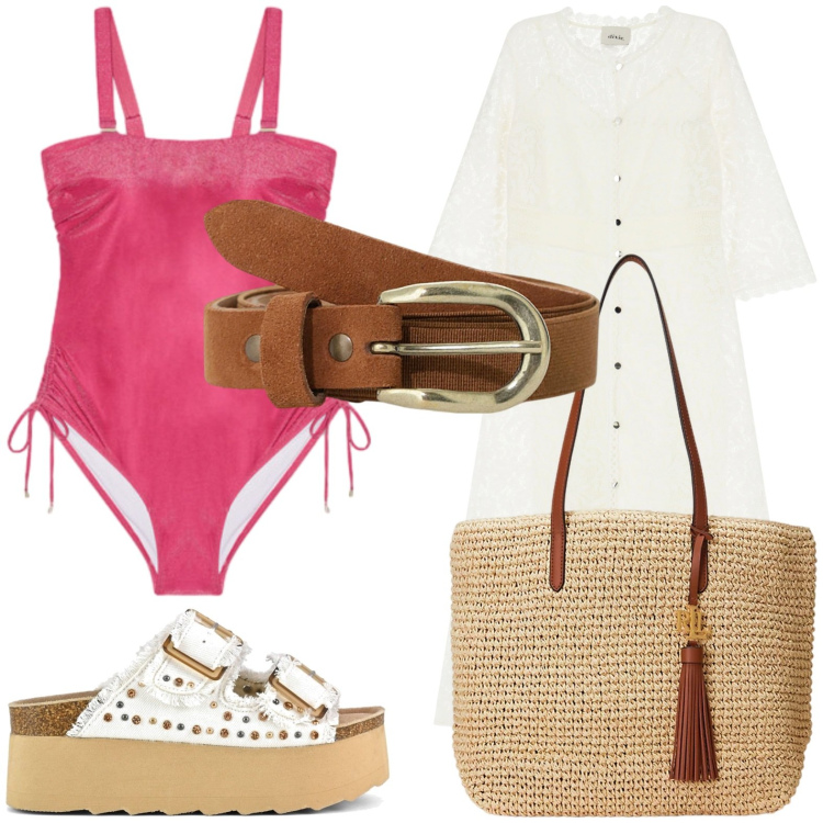 Outfit donna - In costume, con carattere. Stile Minimal per Mare. Abbinamento con vestiti, cinture, borse tote, sandali, costumi interi.