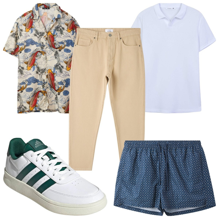 Outfit uomo - Total look #2202715. Stile Trendy per Mare. Abbinamento con polo, pantaloni, camicie a manica corta, costumi, sneakers.