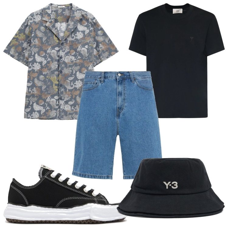 Outfit uomo - Total look #2202724. Stile Trendy per Tutti i giorni. Abbinamento con camicie a manica corta, cappelli, t-shirt, sneakers, shorts.