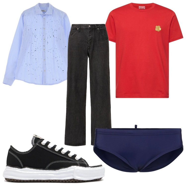 Outfit uomo - Total look #2202732. Stile Trendy per Mare. Abbinamento con camicie, pantaloni, costumi, sneakers, t-shirt.