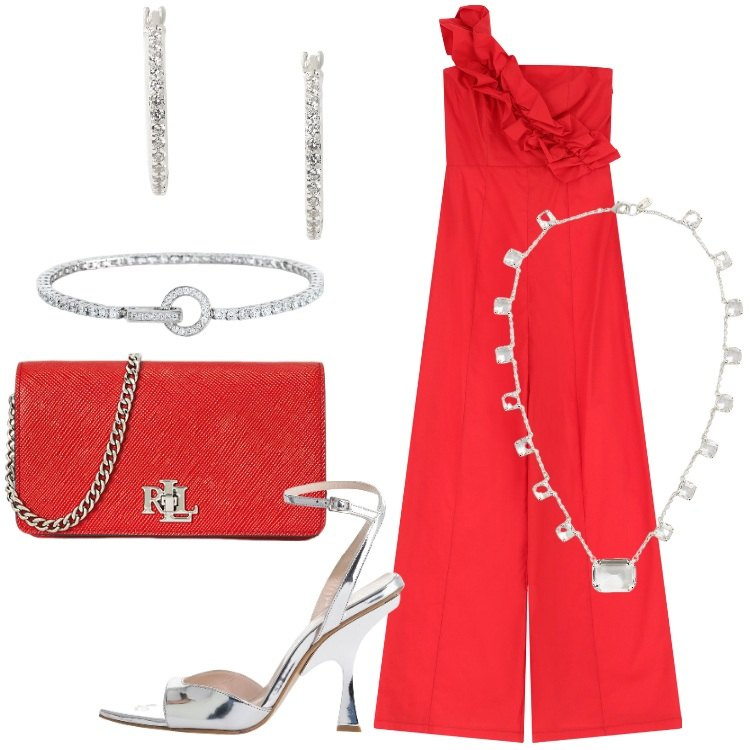 Outfit donna - Imperial - Summer Sale SS25. Stile Glamour per Serata fuori. Abbinamento con braccialetti, tute, décolleté, borse a tracolla, collane, orecchini.