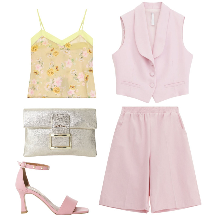 Outfit donna - In rosa. Stile Casual chic per Serata fuori. Abbinamento con sandali col tacco, canottiere, shorts, gilet, pochette.