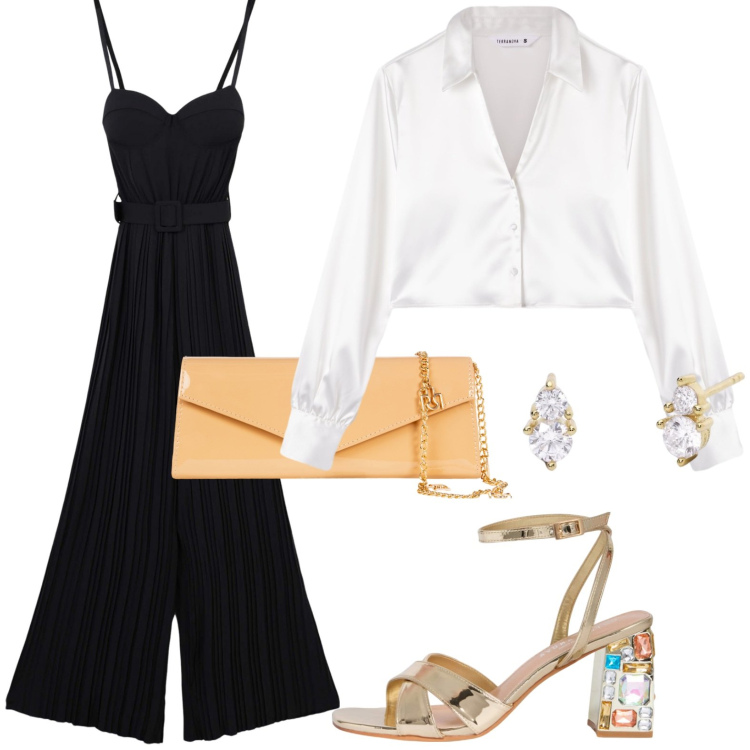 Outfit donna - Jumpsuit o playsuit a luglio!. Stile Minimal per Serata fuori. Abbinamento con camicie, tute, sandali gioiello, orecchini, pochette.