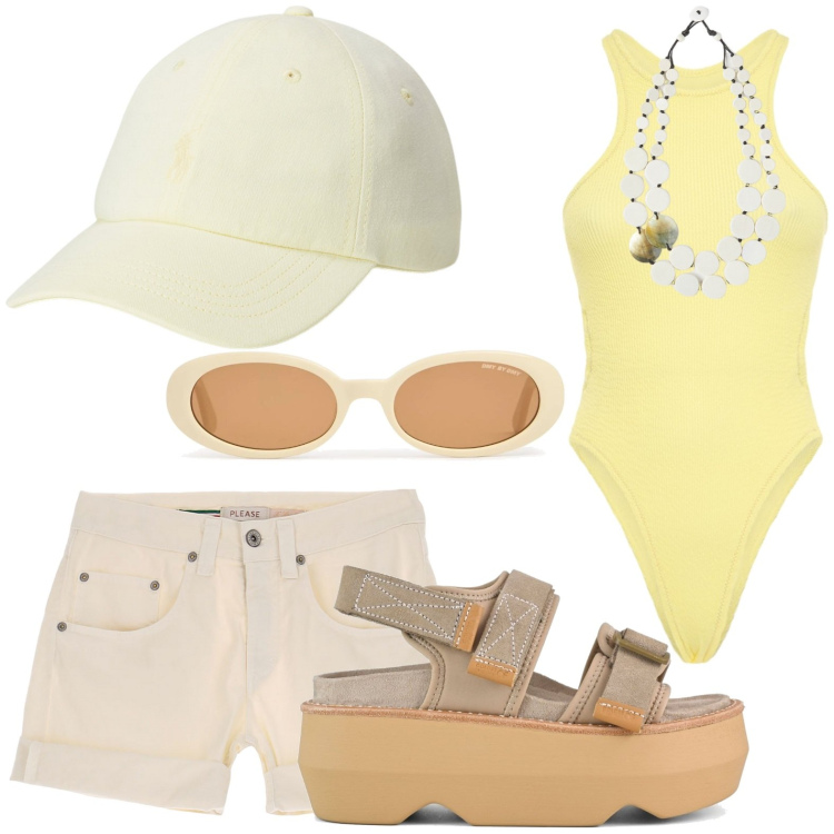 Outfit donna - Costumi colorati - @nike75. Stile Chic per Mare. Abbinamento con shorts, cappelli, sandali col tacco, occhiali da sole, ciondoli, costumi interi.