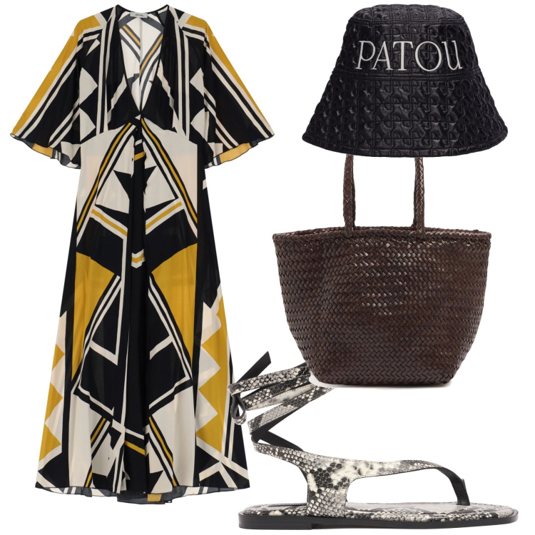 Outfit donna - City. Stile Urban per Tutti i giorni. Abbinamento con vestiti lunghi, borse a secchiello, cappelli, sandali col tacco.