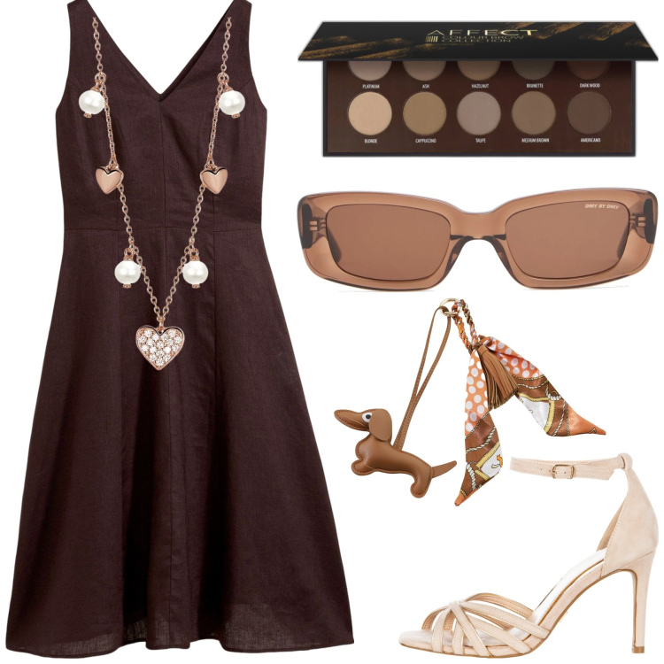 Outfit donna - Vestitino fresco. Stile Boho per Tutti i giorni. Abbinamento con vestiti midi/longuette, eyeliner, collane, sandali col tacco, portachiavi, occhiali da sole.