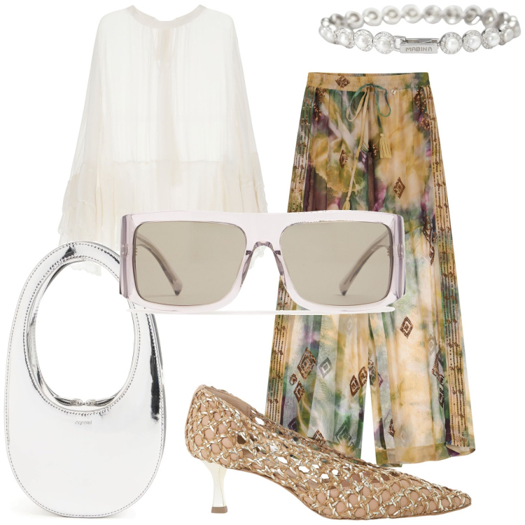 Outfit donna - Festa di compleanno. Stile Chic per Serata fuori. Abbinamento con braccialetti, camicie, pantaloni a palazzo, décolleté, occhiali da sole, borse a mano.
