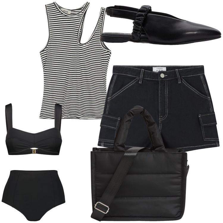Outfit donna - Domenica al mare. Stile Basic per Mare. Abbinamento con ballerine, pantaloni corti, shopping bag, top, bikini.