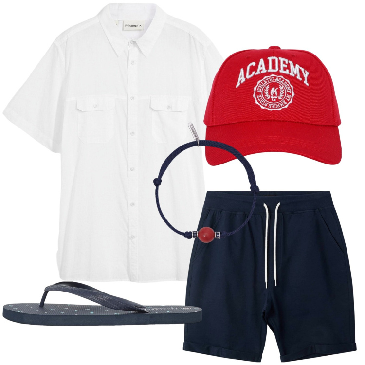 Outfit uomo - Stile “beach to bar”. Stile Casual per Mare. Abbinamento con camicie a manica corta, cappelli, pantaloni corti, sandali, braccialetti.