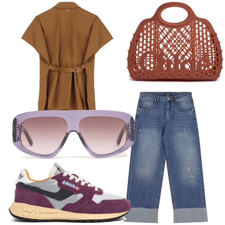 Outfit donna - Domenica pomeriggio. Stile Casual chic per Tutti i giorni. Abbinamento con camicie, jeans dritti, sneakers, borse a mano, occhiali da sole.
